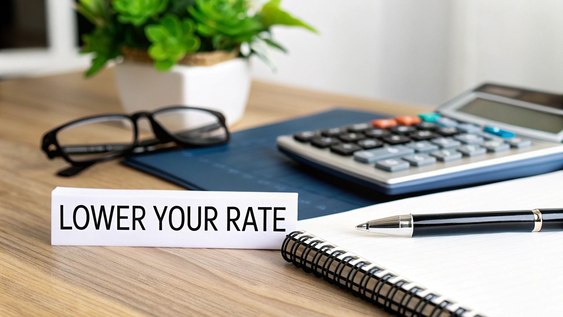 A white sign reading 'LOWER YOUR RATE' on a wooden desk with a calculator, glasses, and pen.
