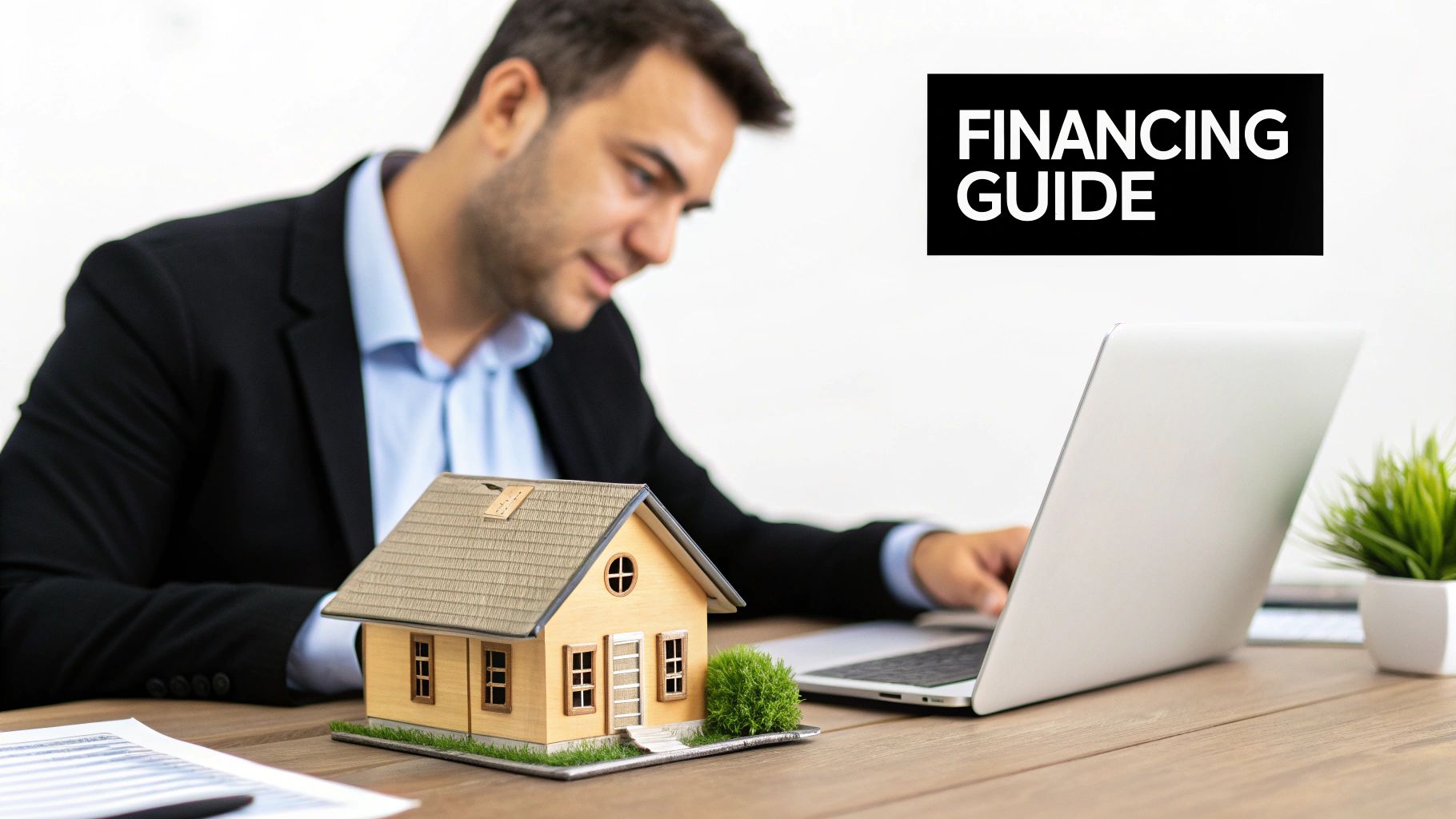 A man in a suit looks at a laptop with a house model and documents, beside a 'FINANCING GUIDE' sign.