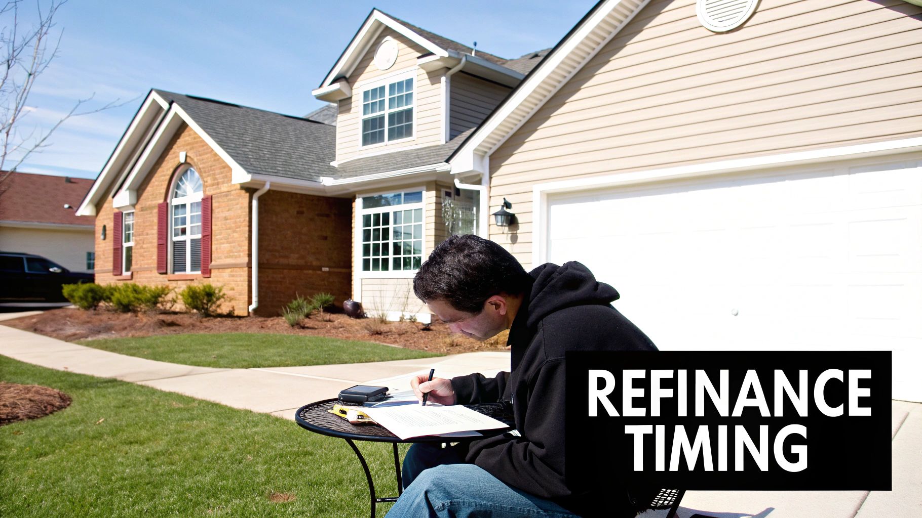 A man signs documents at an outdoor table in front of a house, with 'REFINANCE TIMING' text.