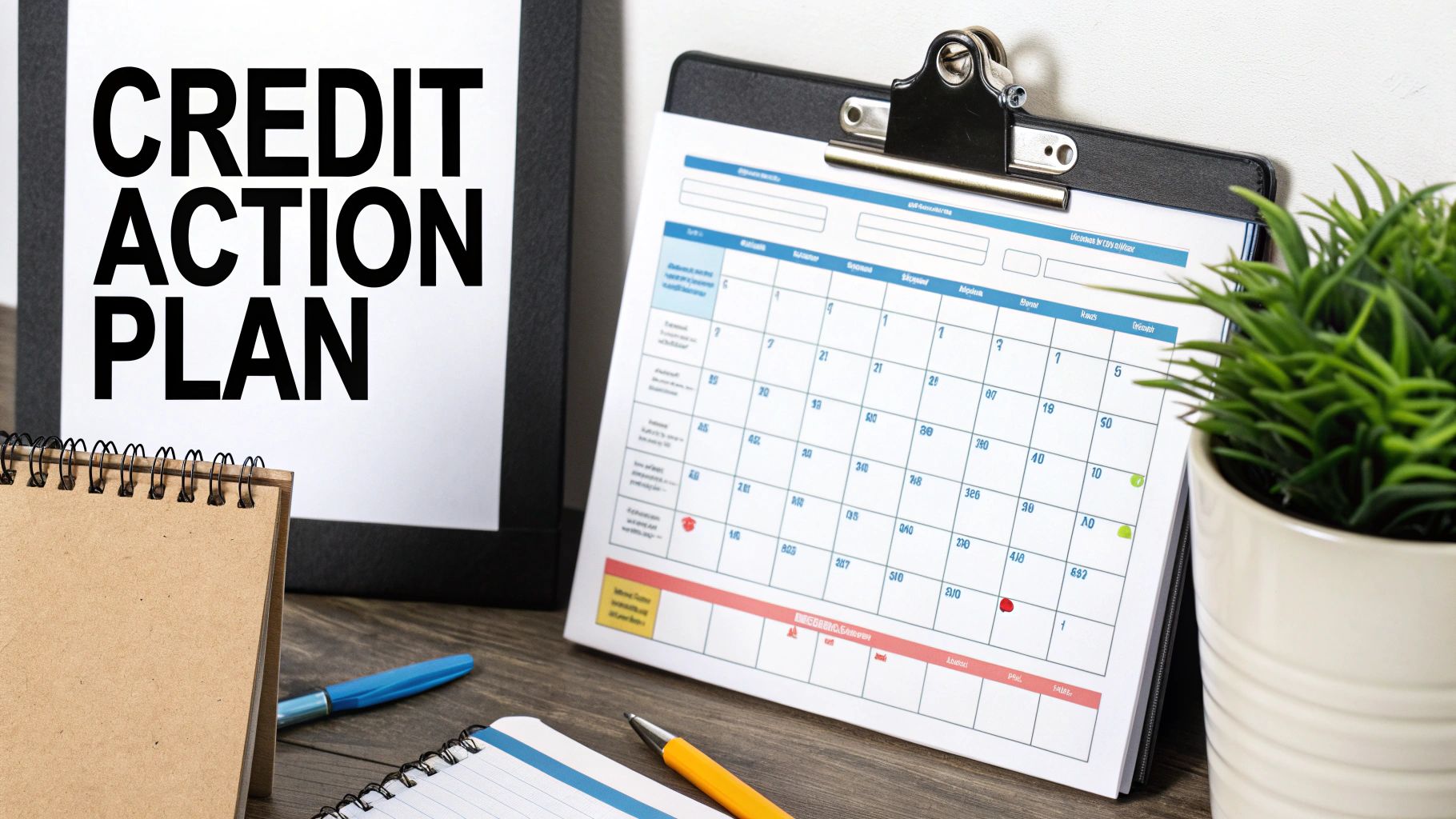 A desk scene with a 'CREDIT ACTION PLAN' sign, a calendar, and office supplies.