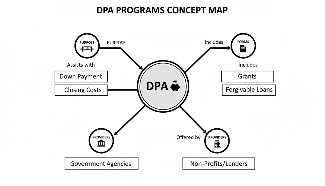 Concept map illustrating DPA programs, including purpose, forms like grants, and providers such as government agencies.