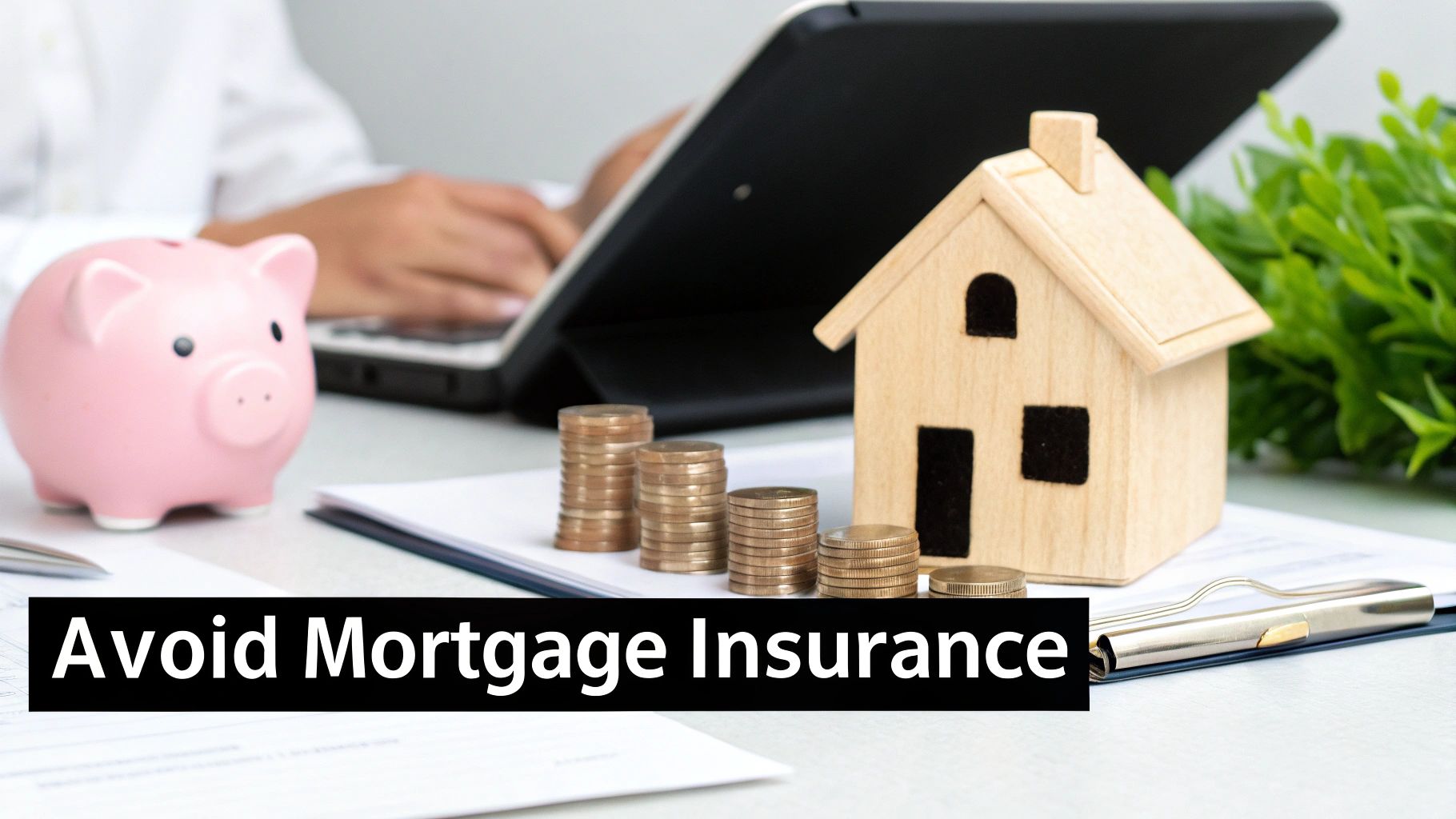 A desk with a pink piggy bank, stacks of coins, a wooden house model, and text 'Avoid Mortgage Insurance'.