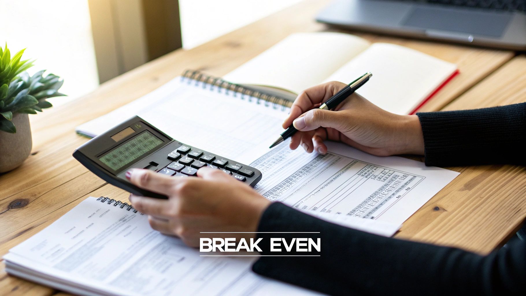 Person using a calculator and writing on papers, calculating finances on a wooden desk.