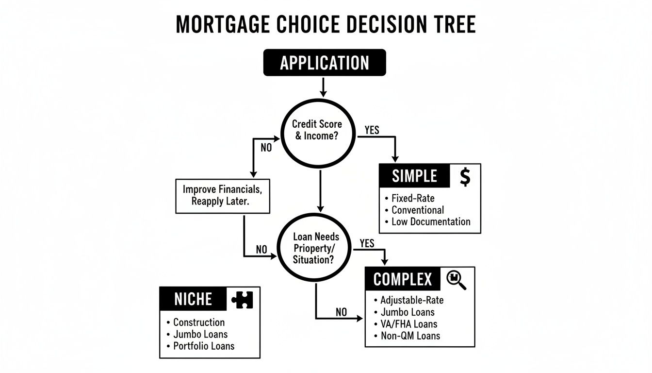A mortgage choice decision tree flowchart guiding applicants through credit, income, and property needs to determine loan types.