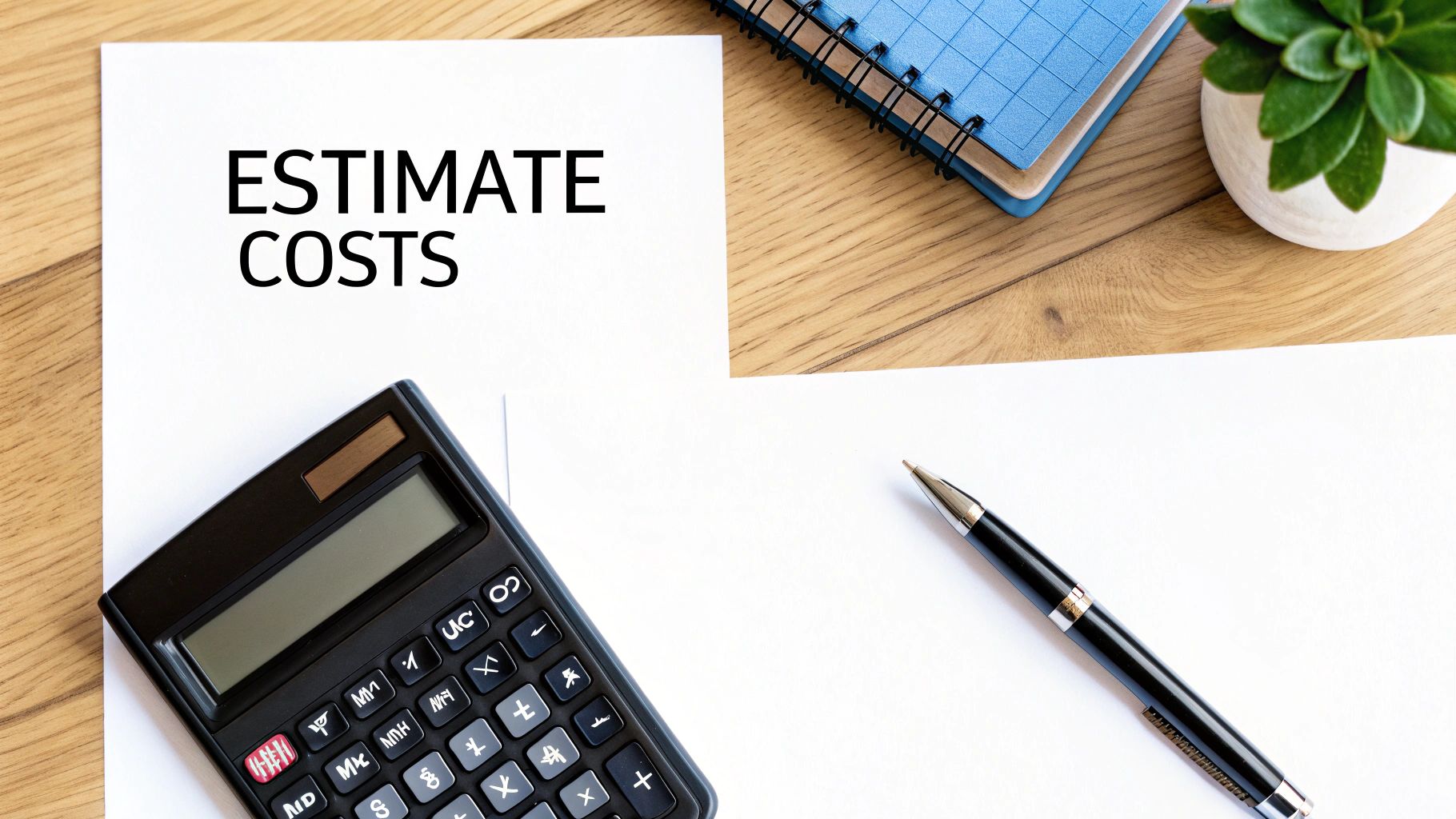 A flat lay of a desk with a paper showing 'ESTIMATE COSTS', a calculator, pen, notebook, and plant.