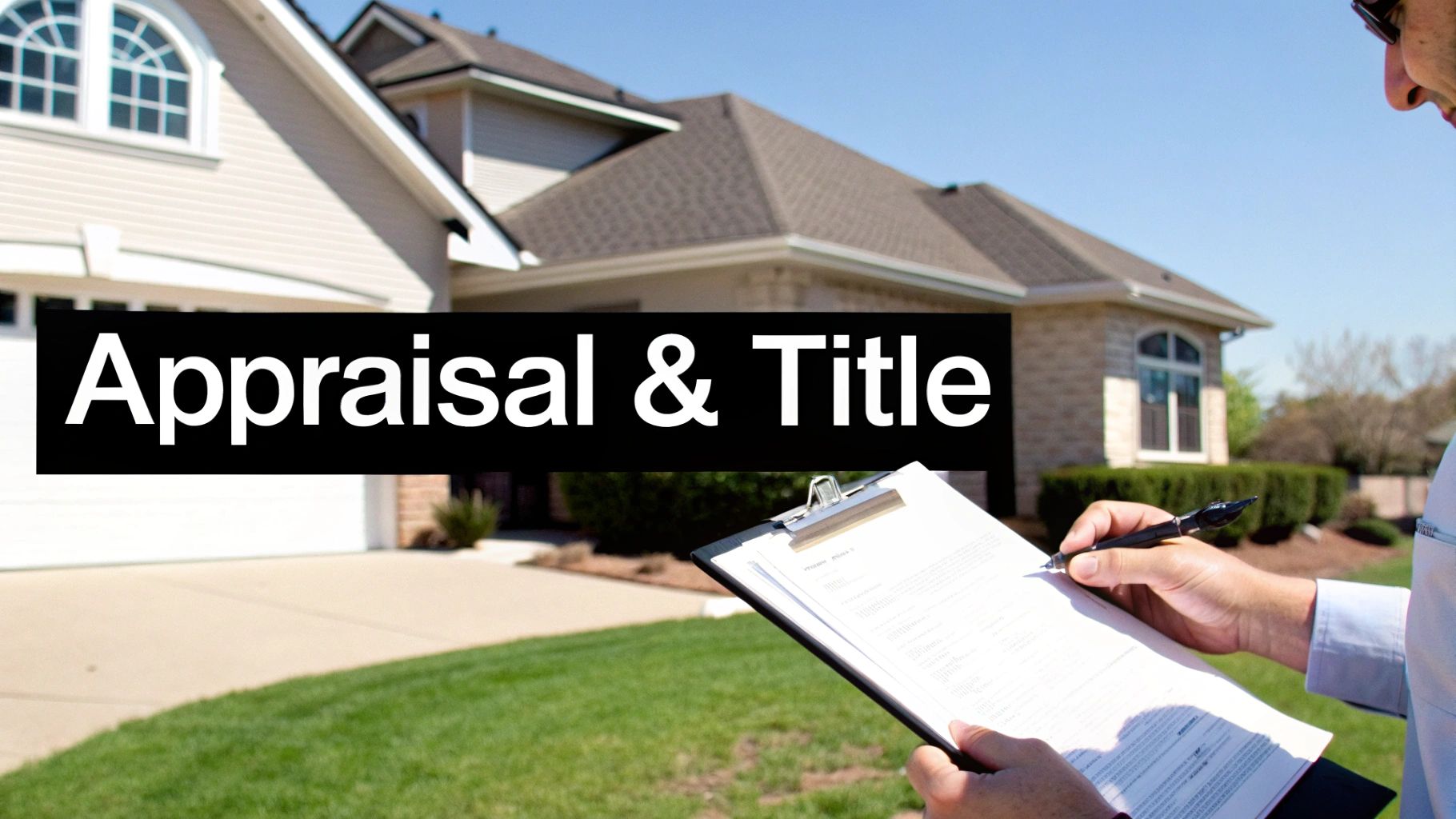 A person holds a clipboard and pen, reviewing documents outside a house, with an 'Appraisal & Title' text overlay.