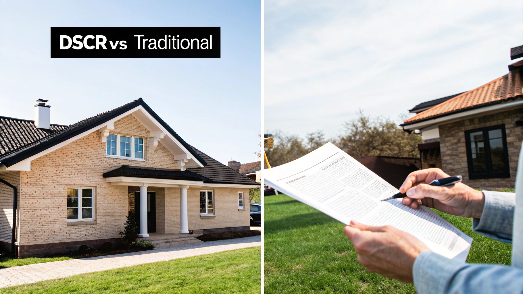 DSCR vs Traditional loans concept showing a modern house and a person reviewing documents.