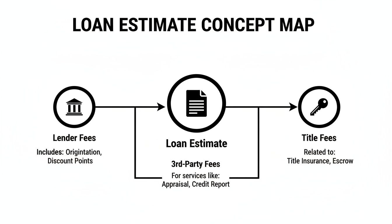 Concept map illustrating a loan estimate with lender fees, third-party fees, and title fees.