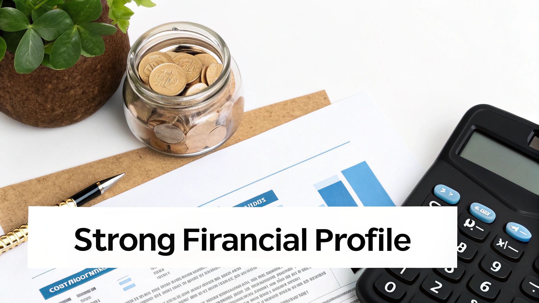 A flat lay of a financial desk setup with a calculator, coins, and documents, highlighting a 'Strong Financial Profile'.