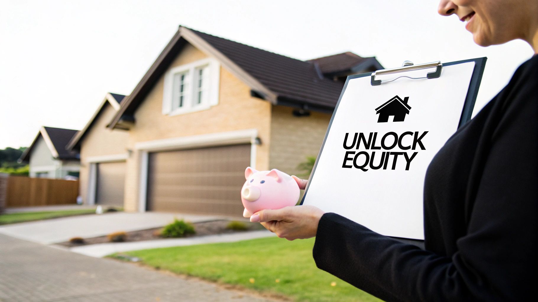 A person holds a 'UNLOCK EQUITY' sign and a piggy bank in front of suburban houses.