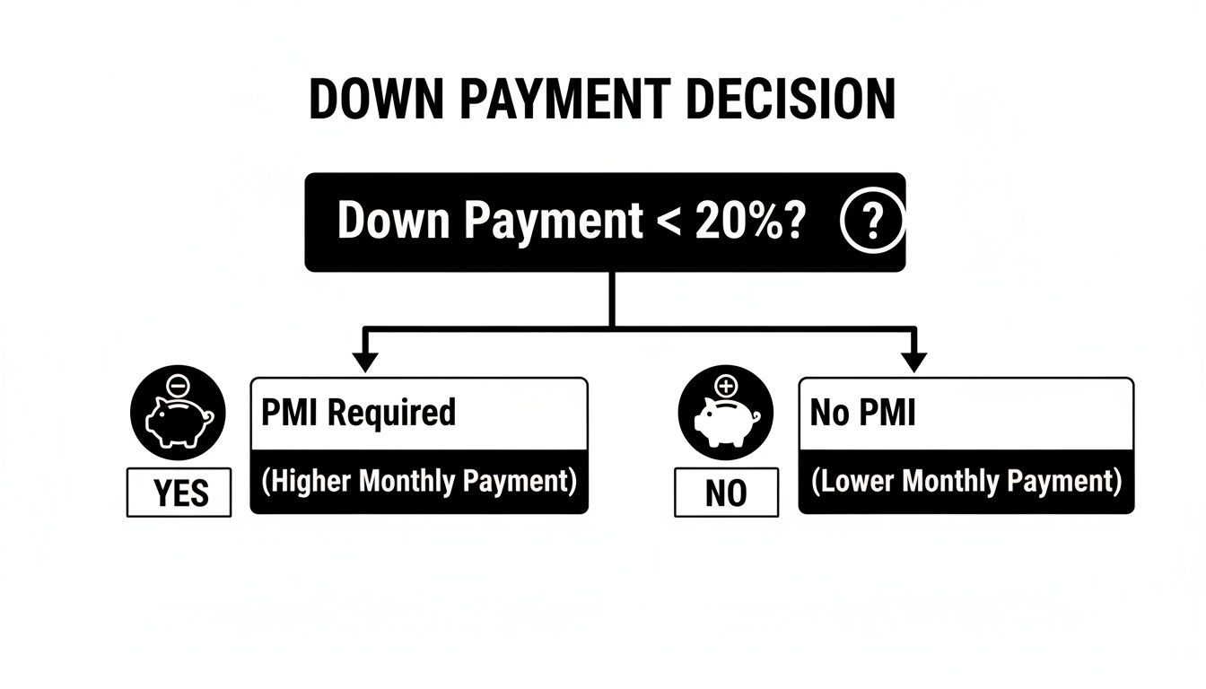 Flowchart illustrating the down payment decision, showing how less than 20% down payment requires PMI and results in higher monthly payments.