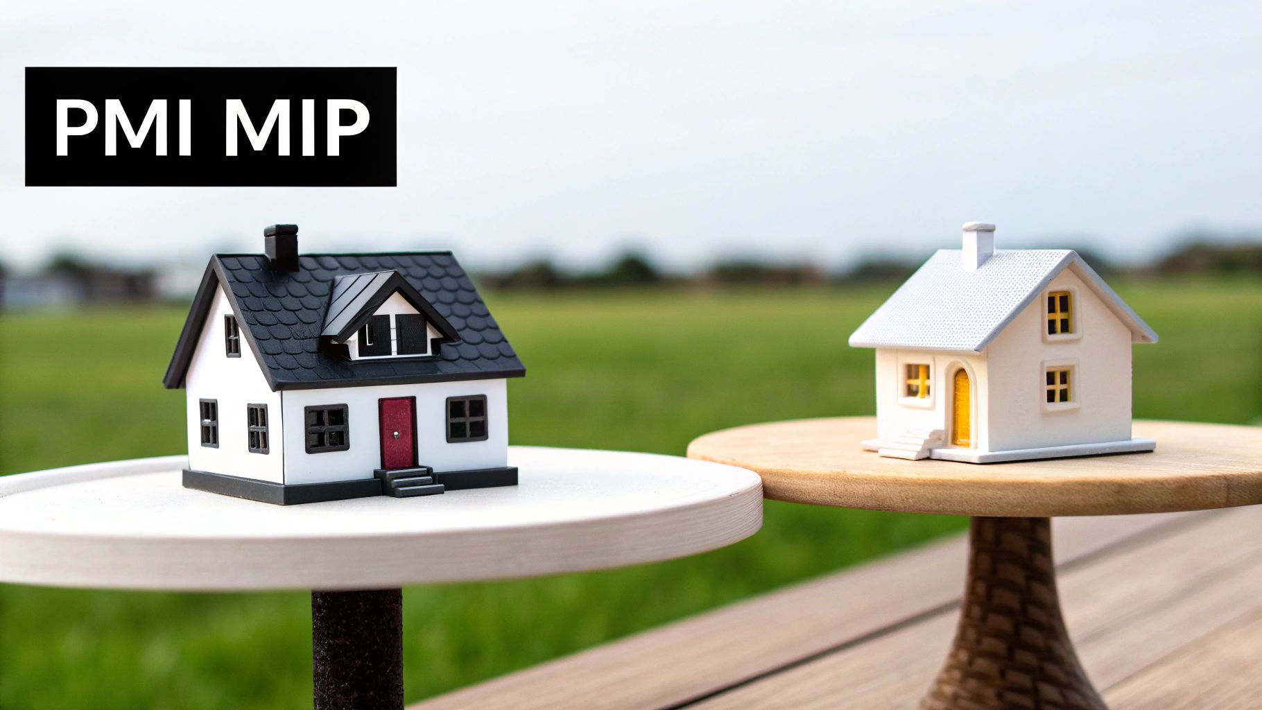 Two miniature house models on pedestals outdoors, with 'PMI MIP' text at the top.