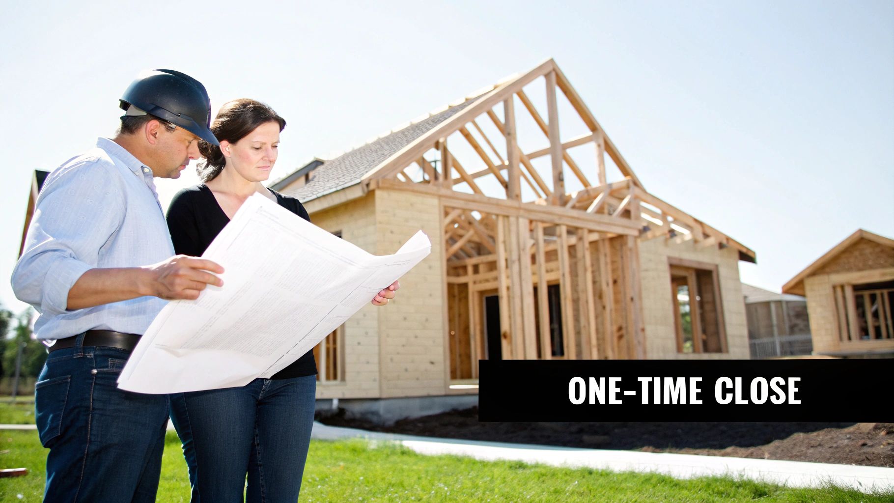 A construction worker and client review blueprints in front of a new house under construction.