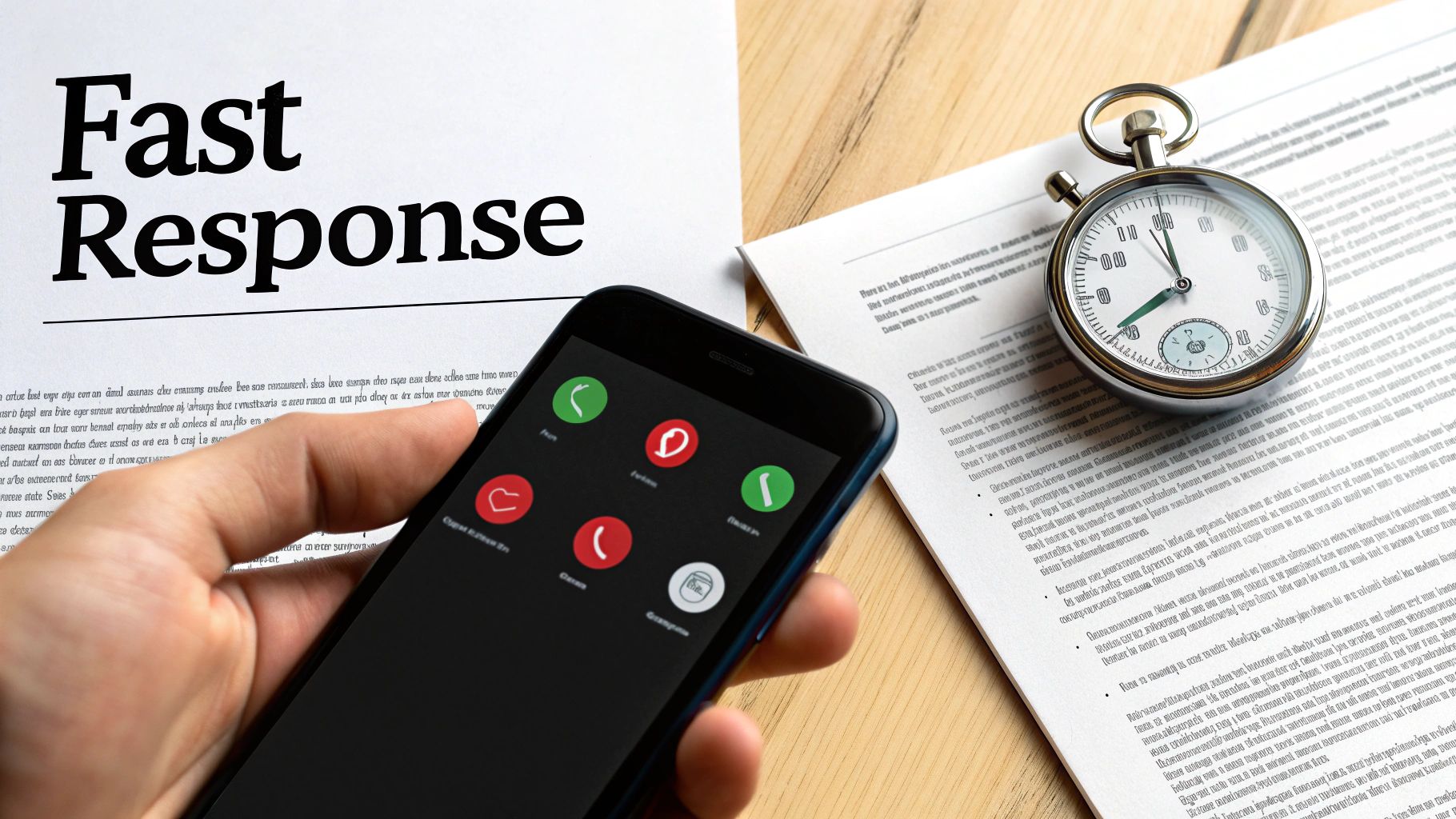 A hand holding a smartphone with app icons, next to a "Fast Response" document and a stopwatch, symbolizing quick action.