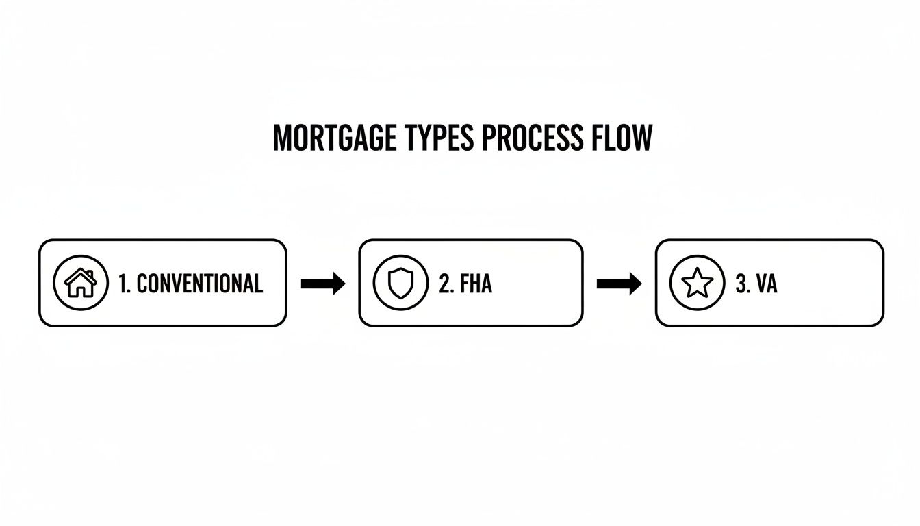 A flow chart illustrating different mortgage types: 1. Conventional, 2. FHA, and 3. VA loans.