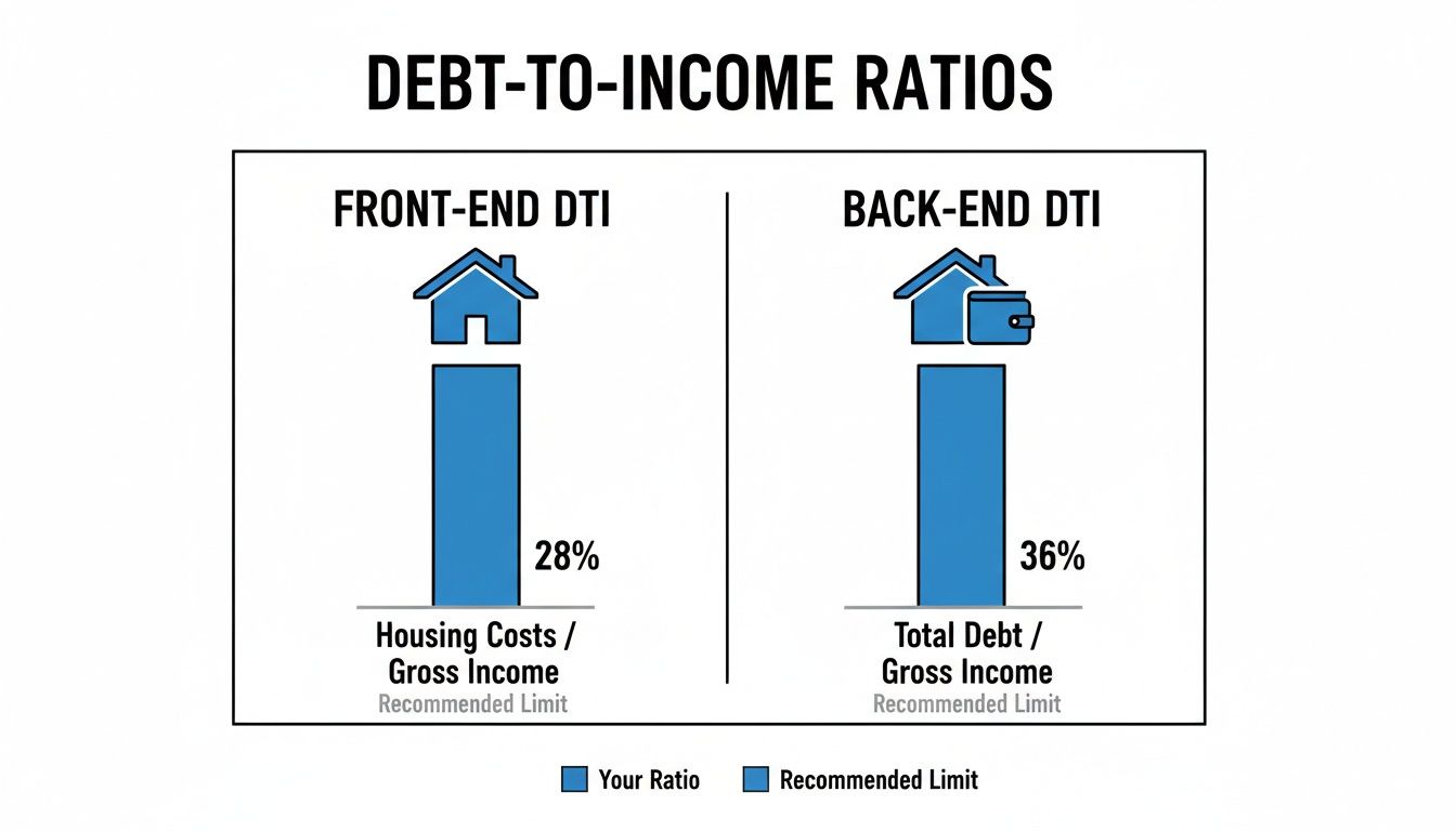 Infographic showing front-end (28%) and back-end (36%) debt-to-income ratio recommended limits.