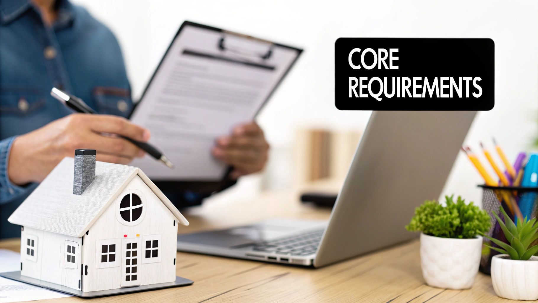 A person reviewing documents with a house model and laptop on a desk, showing "CORE REQUIREMENTS".
