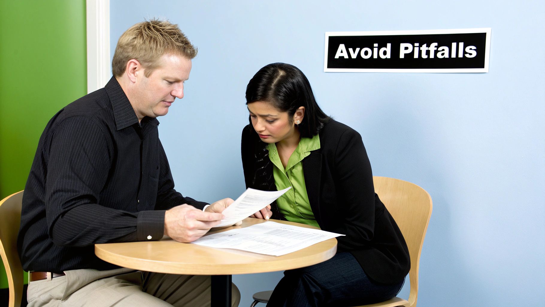 Two professionals review documents at a table, with a sign 'Avoid Pitfalls' on a light blue wall.