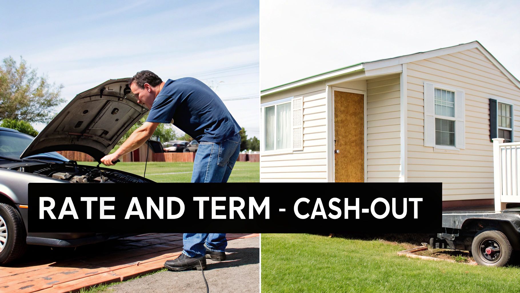 A man works on a car engine while a small house stands beside it, overlaid with 'RATE AND TERM - CASH-OUT'.
