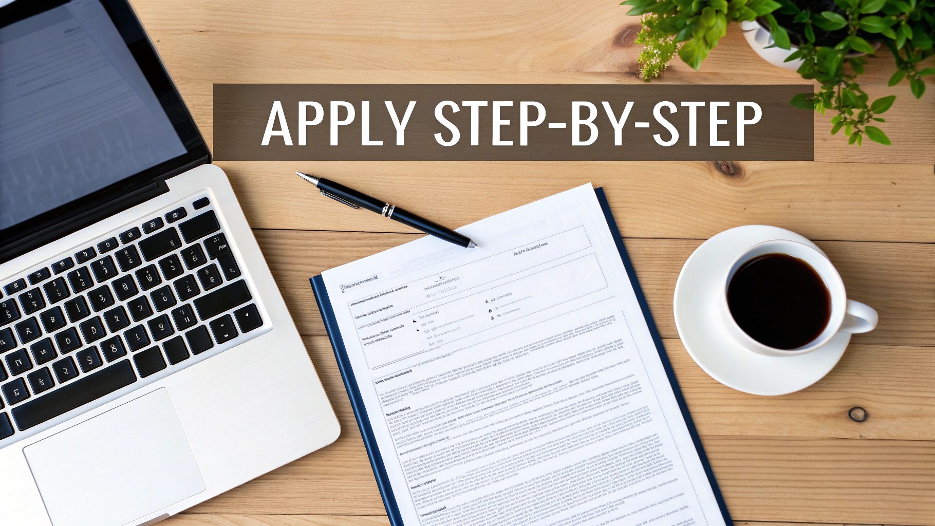Wooden desk with laptop, document, coffee, and the words 'APPLY STEP-BY-STEP' on a banner.