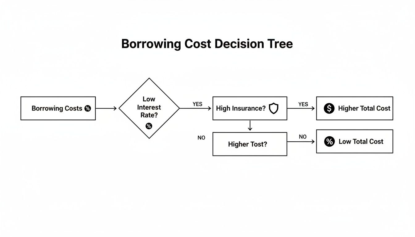 A borrowing cost decision tree flowchart evaluating low interest rates, high insurance, and total cost.