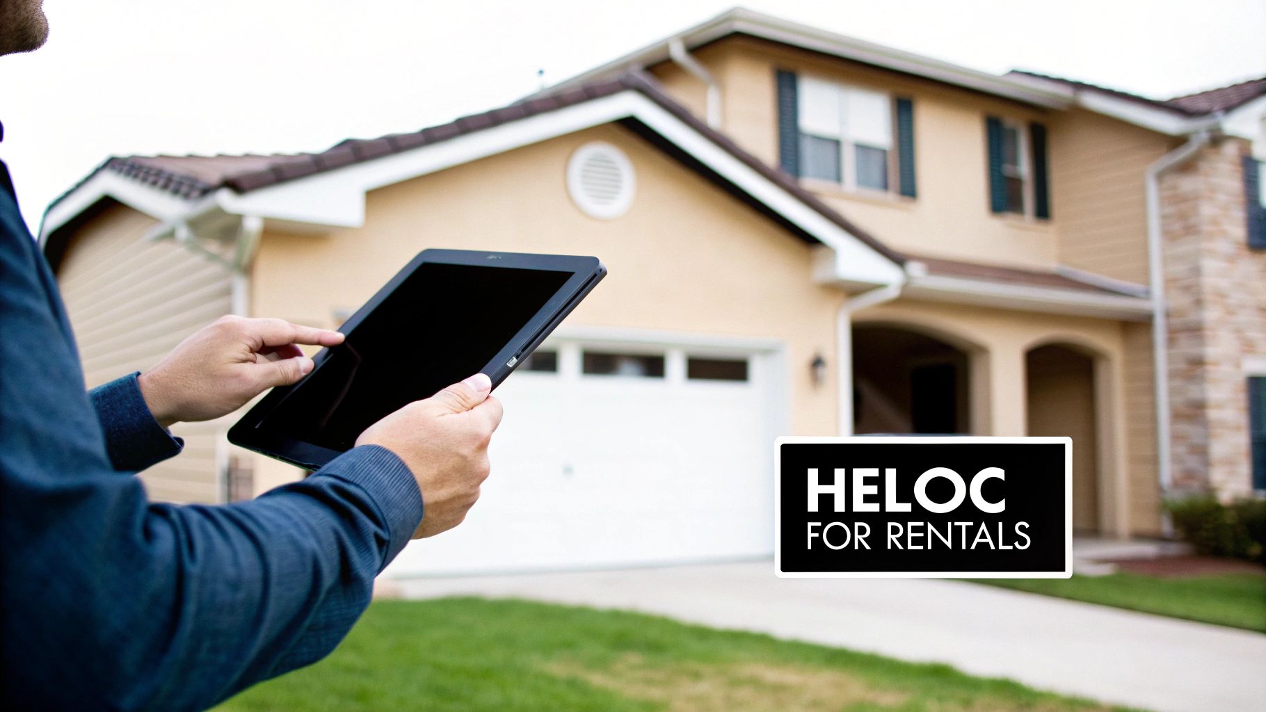 A person holds a tablet in front of a house, next to a 'HELOC FOR RENTALS' sign.