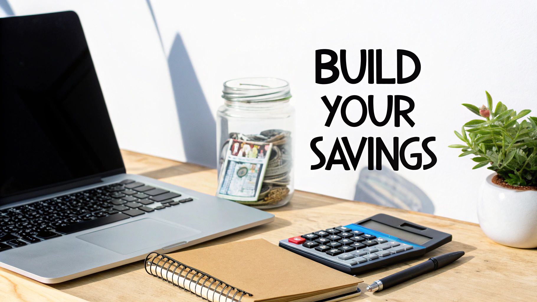 A desk setup with a laptop, money jar, calculator, and text 'BUILD YOUR SAVINGS'.