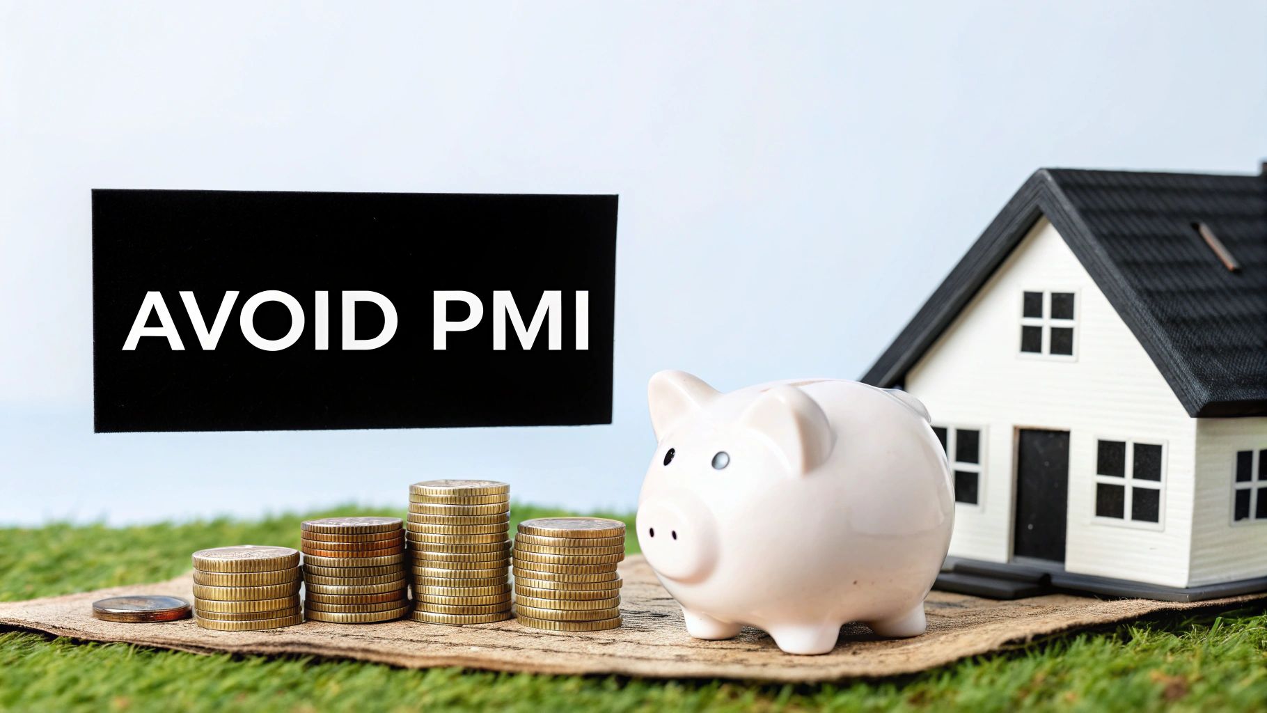 A black sign reading 'AVOID PMI' next to a piggy bank, stacked coins, and a house model, representing mortgage savings.