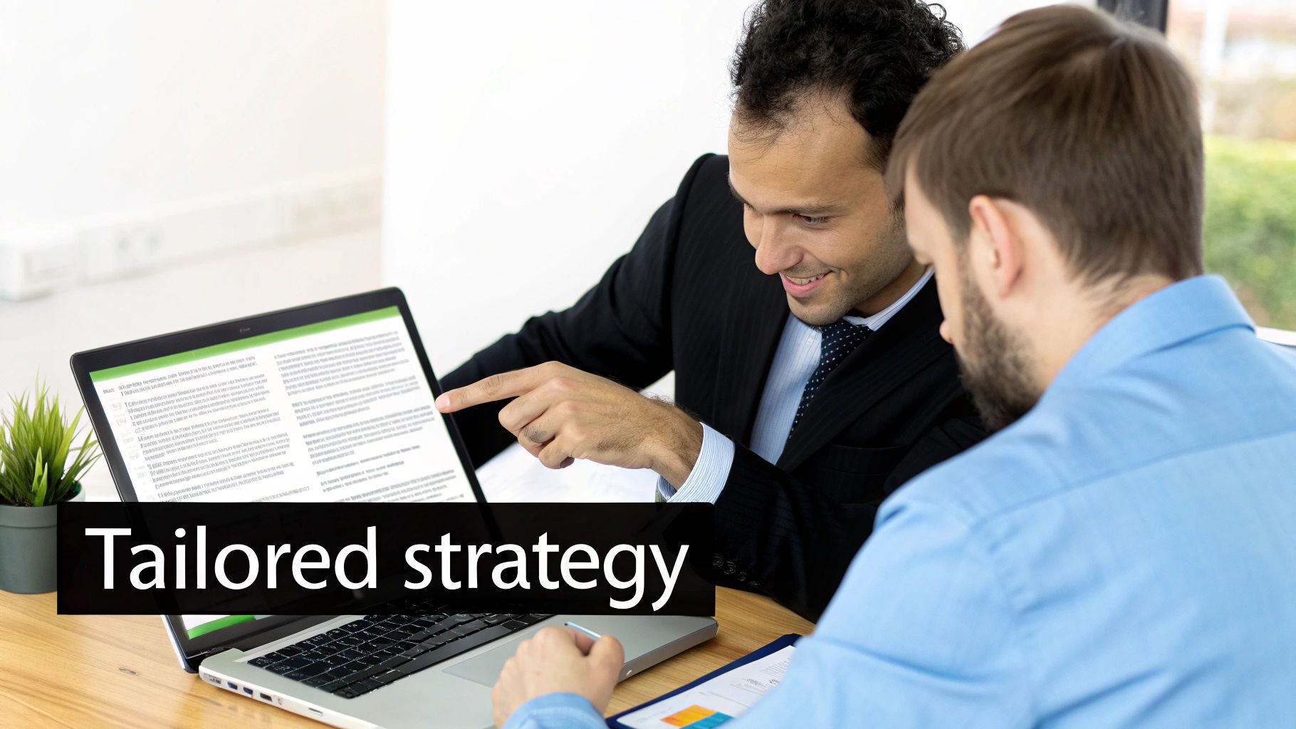 Two businessmen discuss a tailored strategy on a laptop, with one pointing at the screen during a meeting.
