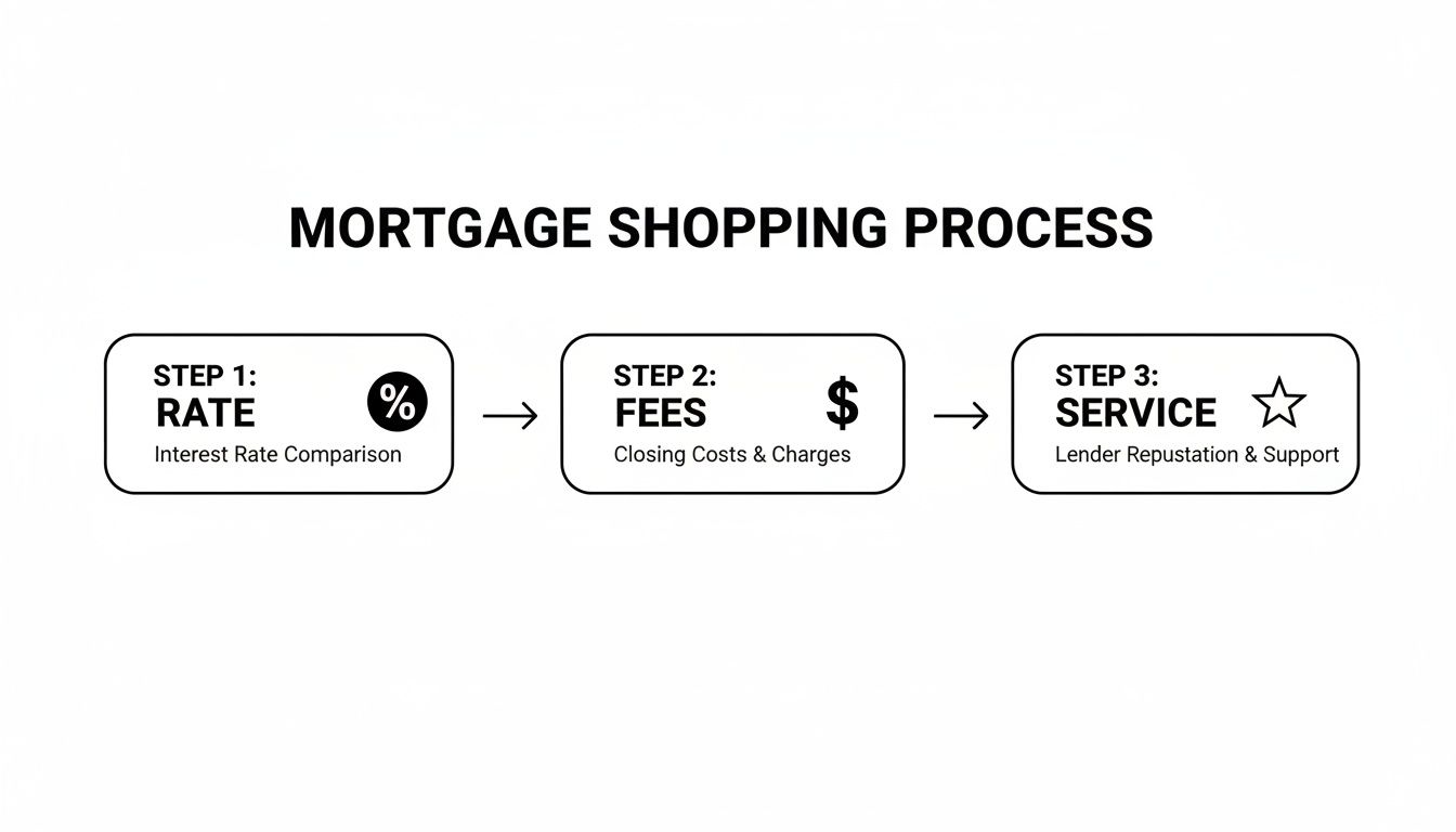 Infographic detailing the 3-step mortgage shopping process: comparing rates, fees, and lender service.