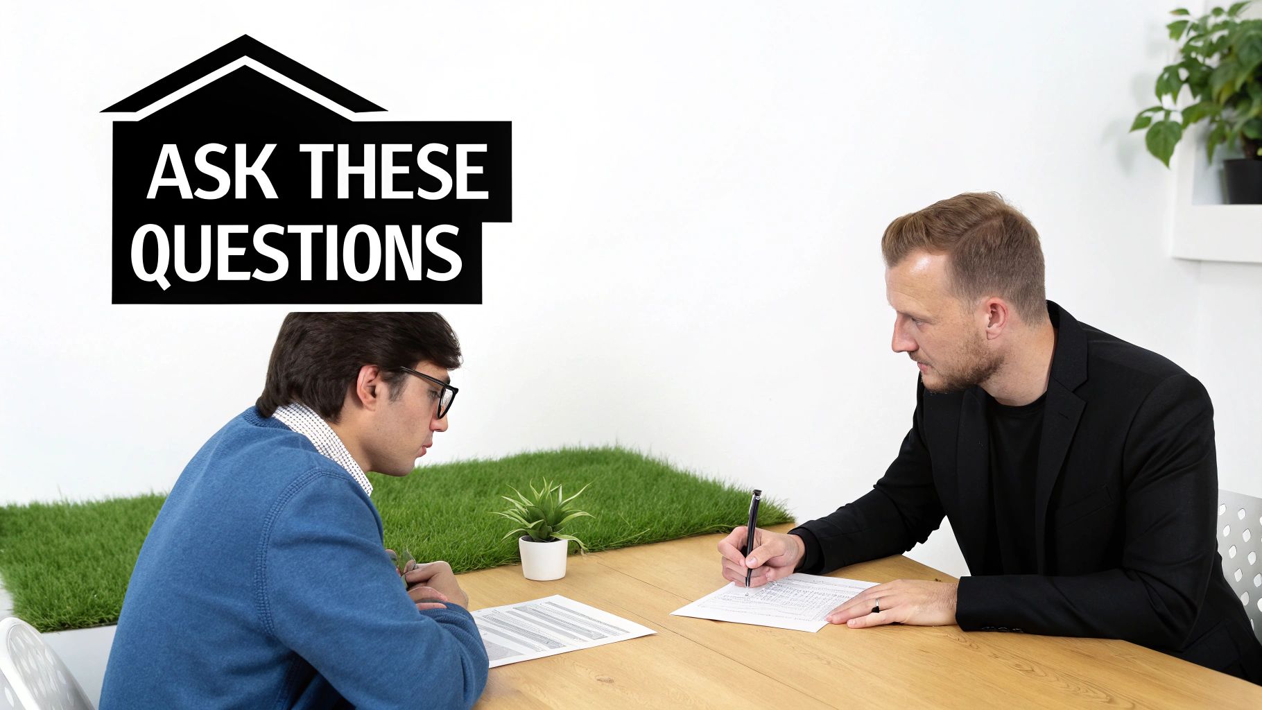 Two men reviewing documents at a table, with a 'Ask These Questions' graphic overlay for home buying.