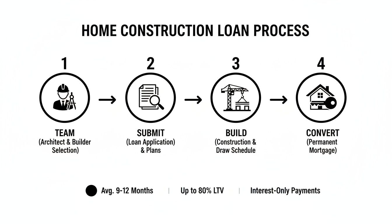 A diagram outlining the four-step home construction loan process, including team selection, loan application, building, and conversion to a permanent mortgage.