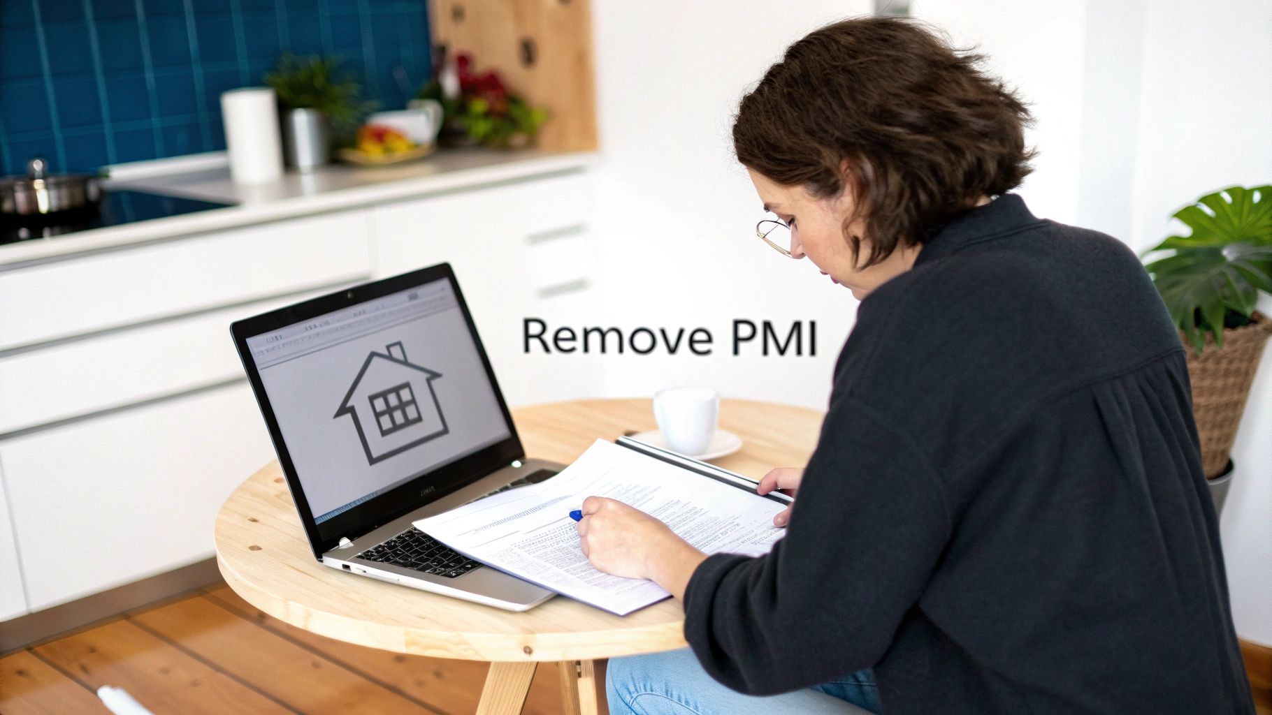 A woman reviews mortgage documents at a wooden table with a laptop displaying a house icon.