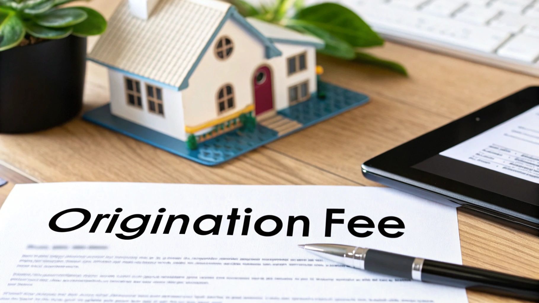 A document titled 'Origination Fee' on a desk with a house model, pen, and tablet.