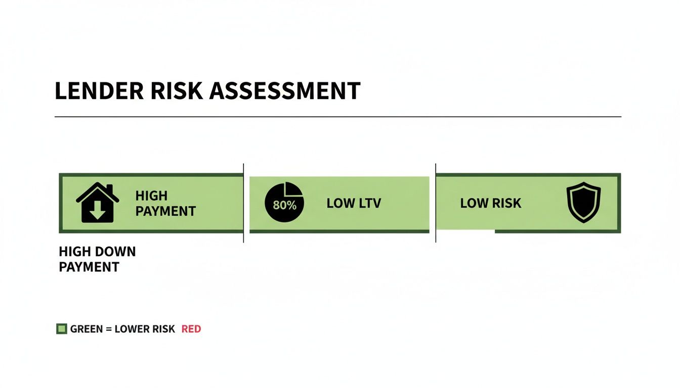 Lender risk assessment showing high down payment and low LTV lead to low risk.