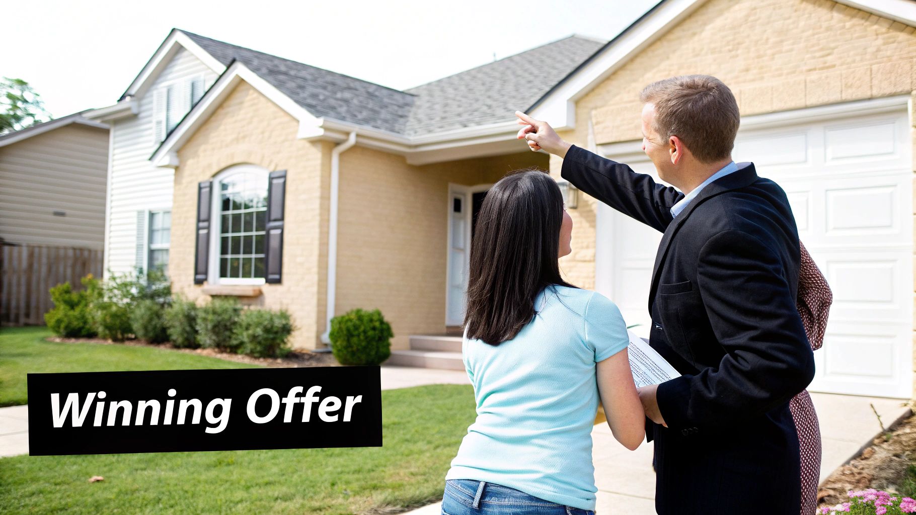 A real estate agent points at a house with a client, indicating a winning offer.