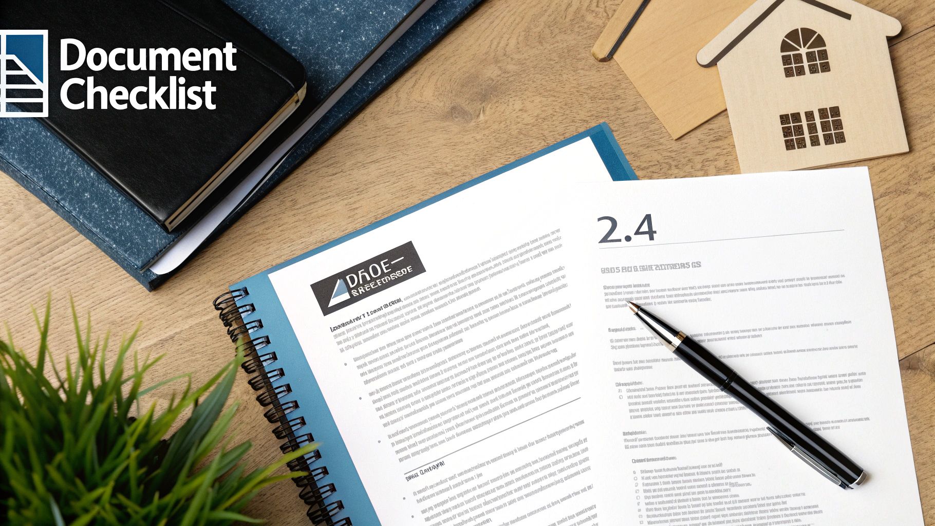 Overhead view of a wooden desk with documents, a pen, a small plant, and house models.