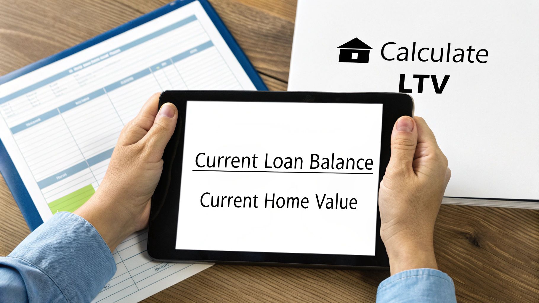 Hands holding a tablet displaying the LTV formula: Current Loan Balance / Current Home Value.