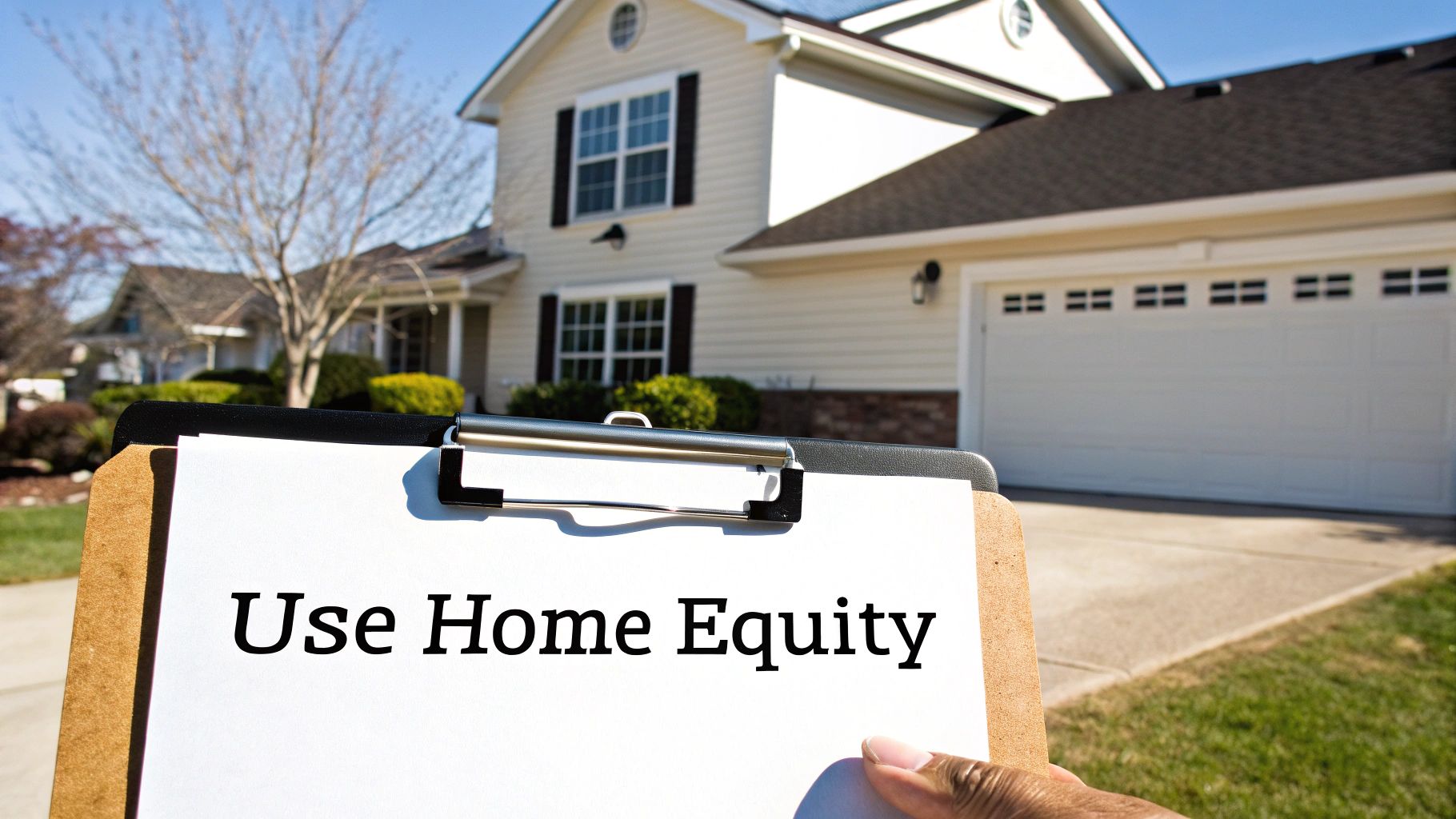 A hand holds a clipboard with "Use Home Equity" text in front of a suburban house.