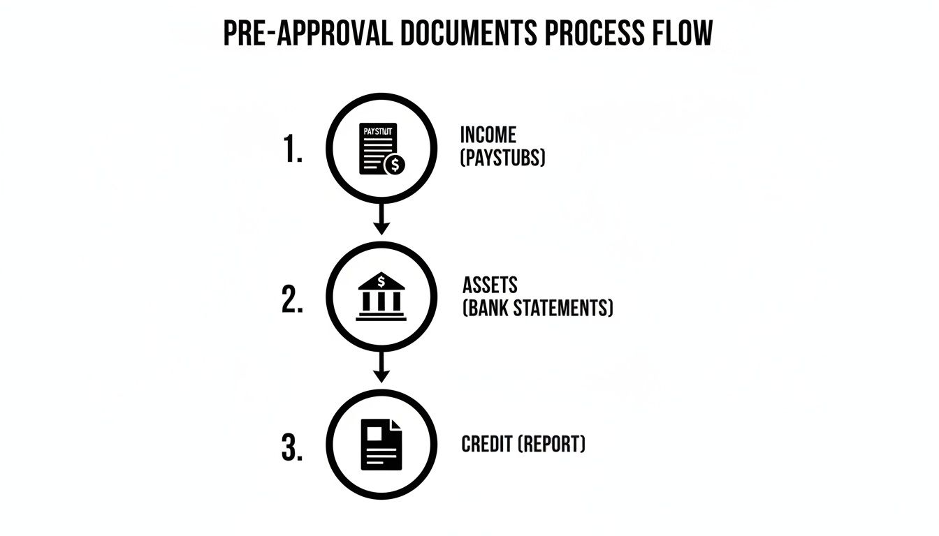 A flow chart illustrating the three-step pre-approval documents process for income, assets, and credit.