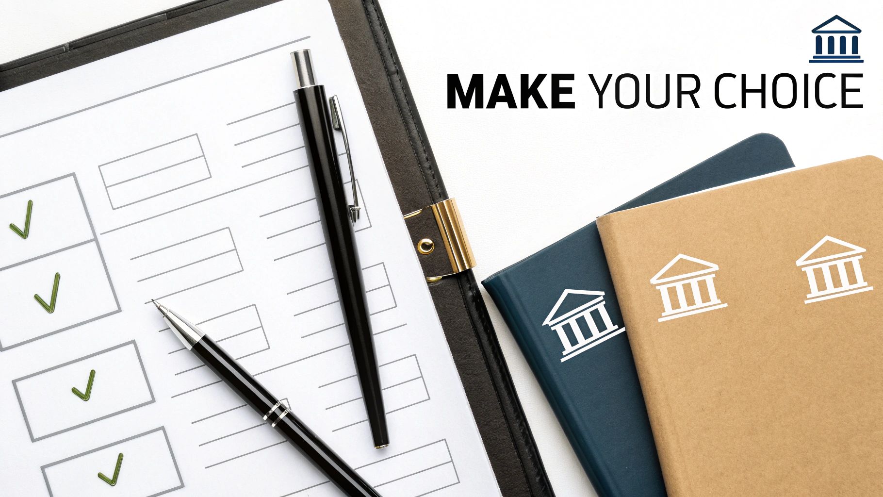 A checklist with green checkmarks, pens, and notebooks with bank icons, conveying choice and decision-making.