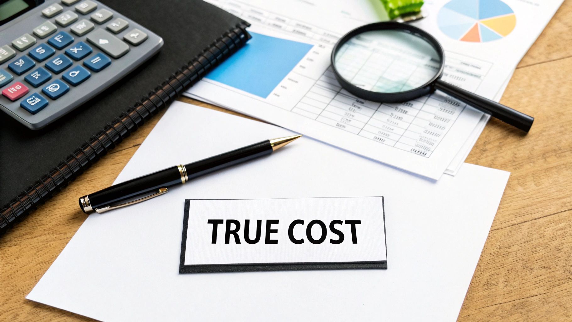 A calculator, pen, magnifying glass, and financial documents with a 'TRUE COST' label on a desk.