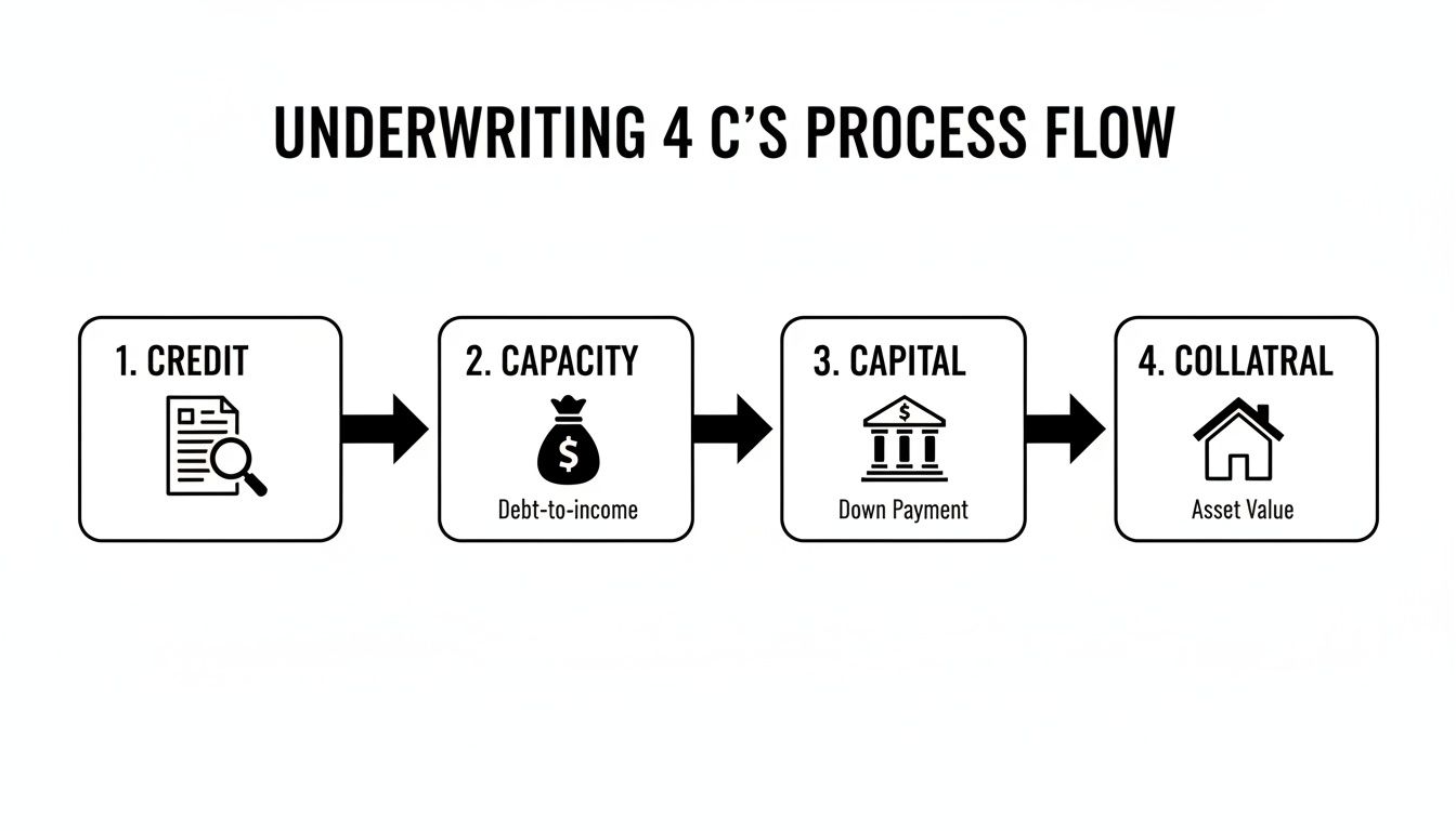 A diagram illustrating the Underwriting 4 C's Process Flow: Credit, Capacity, Capital, and Collateral.