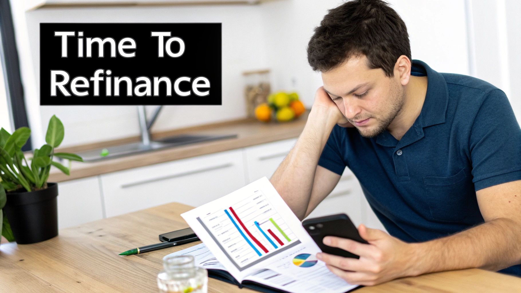 A man looking at financial documents with graphs and a phone, considering refinancing options.