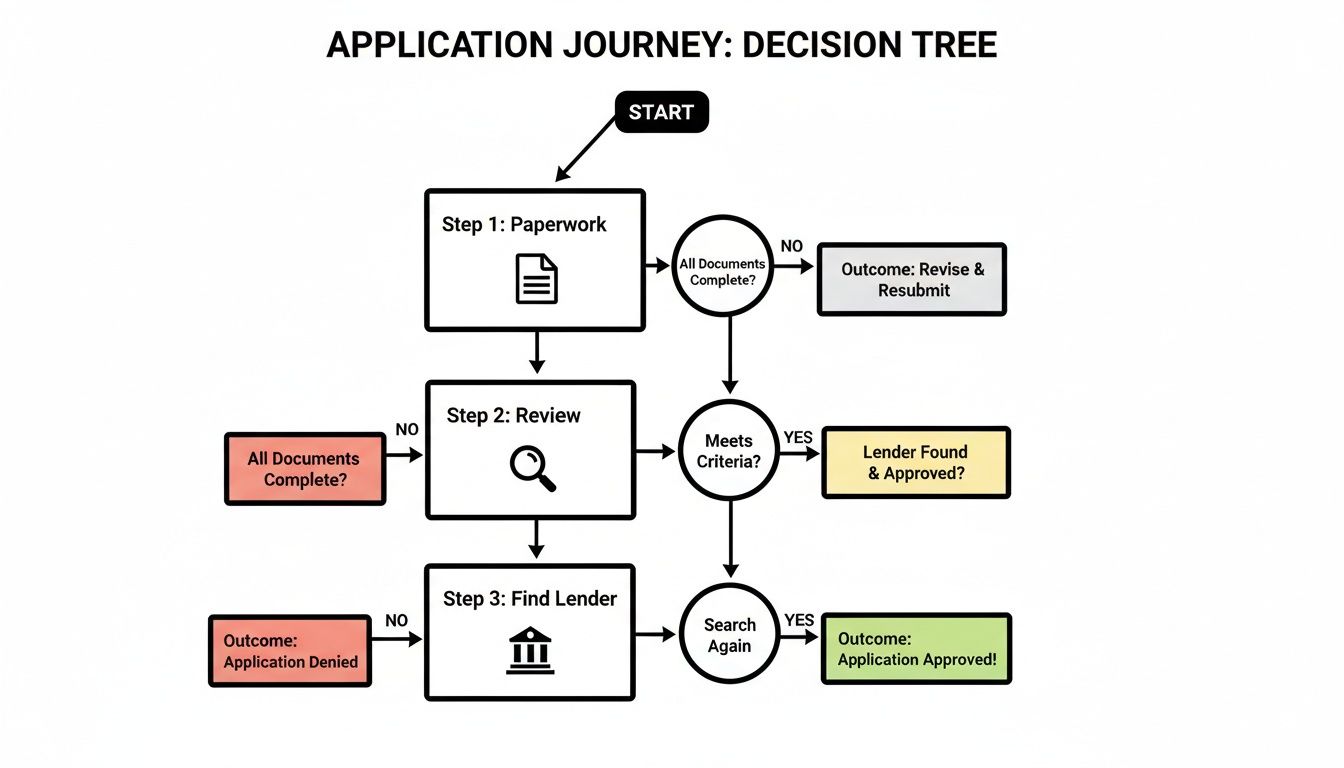 A detailed decision tree flowchart illustrating the application journey steps, document checks, and approval processes.