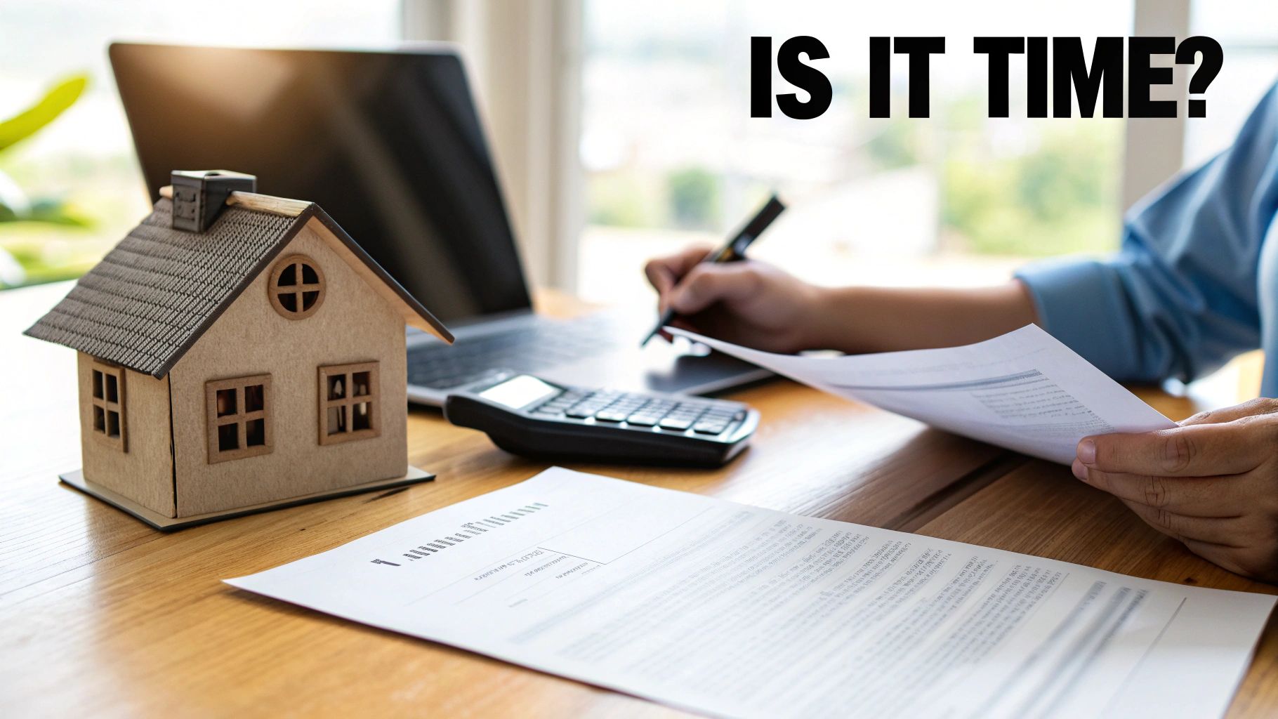 Person calculating home finances with a model house, laptop, and documents on a desk.