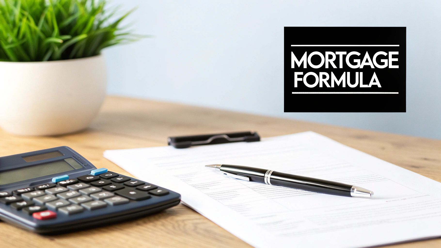 A desk with a calculator, pen, document, and a 'MORTGAGE FORMULA' sign on the wall.