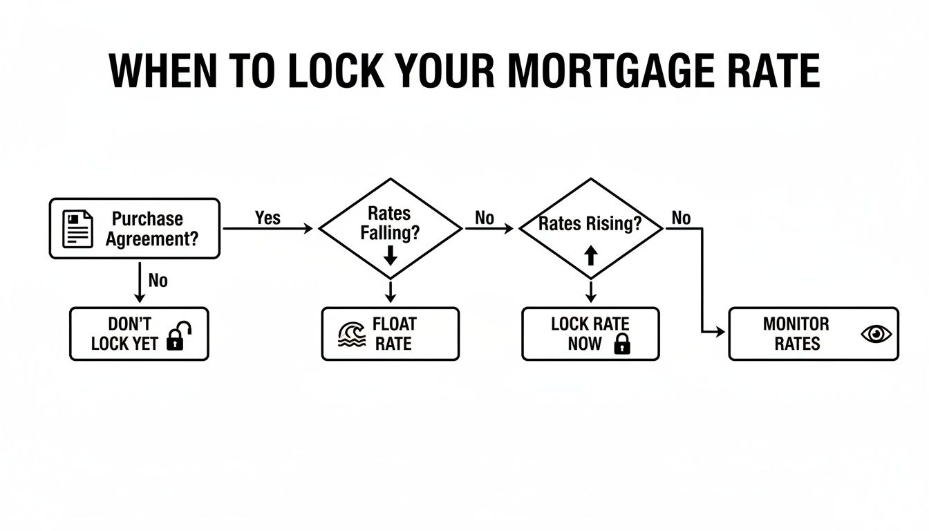 A flowchart guiding decisions on when to lock your mortgage rate based on market conditions.