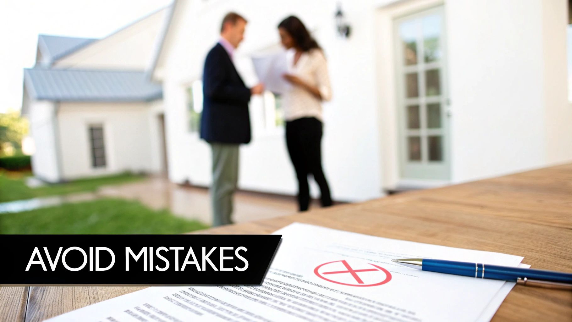 Close-up of a document with a red 'X' and pen on a table, emphasizing 'AVOID MISTAKES'.