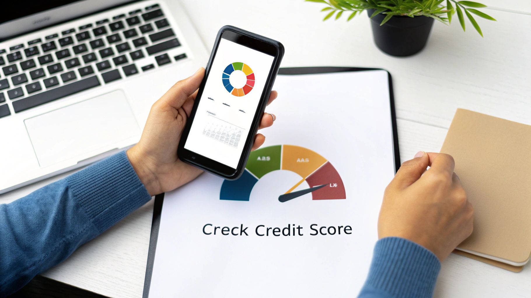 Person checking credit score on a smartphone and a printed document, with a laptop nearby.